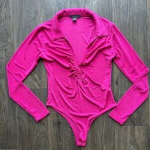 Primark Pink Collared Long Sleeve Stretch Button Down Bodysuit Size Small